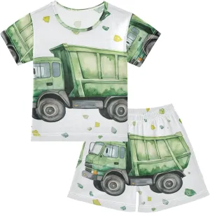 Cartoon Green Garbage Truck Pajamas Short Set 2 Piece Summer Sleepwear