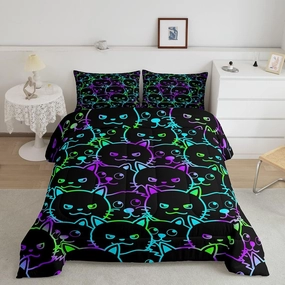 Cat Themed Girls Bedding Twin Cute Cartoon Kitten Comforter for Little Girls Boys Kids Rainbow Bright Color Simple Strokes Animals Cat Duvet Insert Gradient Line Kawaii Bedroom Decor 2 Pcs