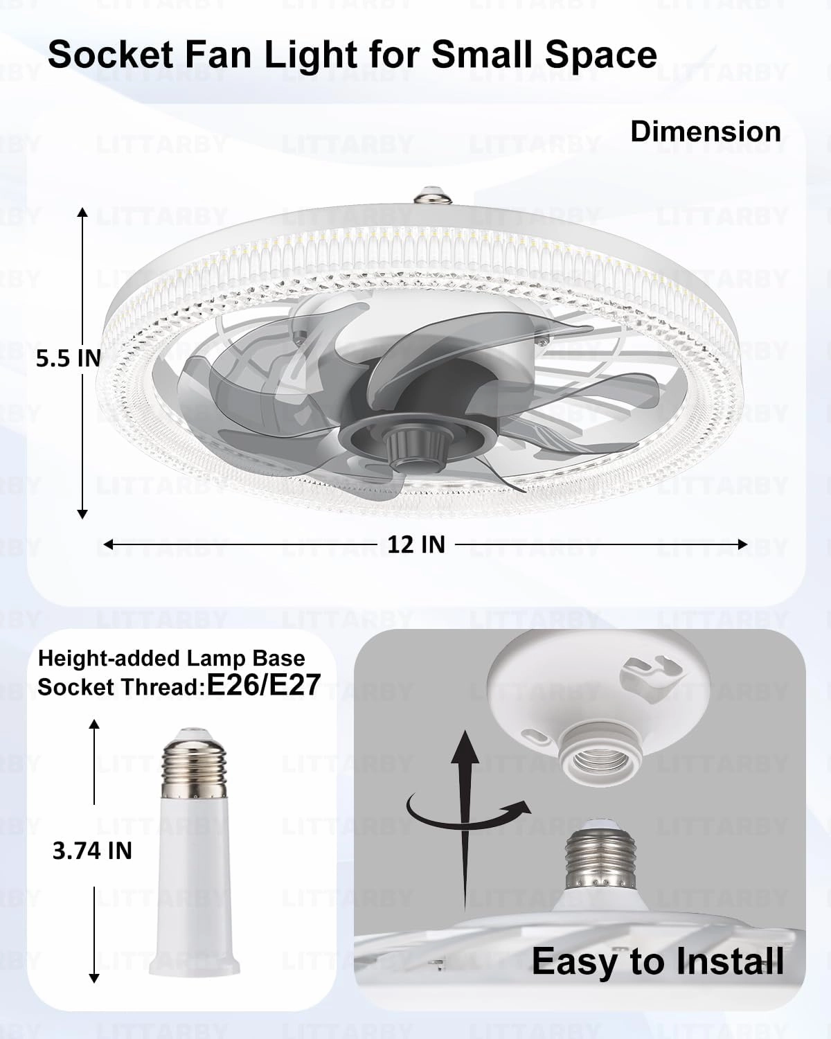 Ceiling Fans with Lights, Socket Fan Light with Remote Control, Dimmable Brightness 3000K-6500K Memory, Socket Modern Flush Mount Low Profile Ceiling Fan for Bedroom, Small Living Room, Kitchen White