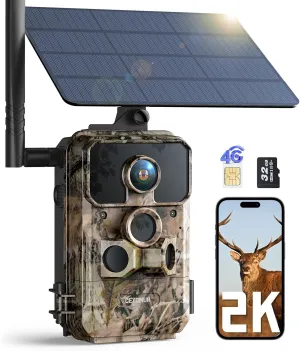 CEYOMUR 4G LTE Cellular Trail Cameras with 2K HD Live Feed, Game Camera with SD & SIM Card 0.1s Trigger Time IP66 Waterproof Night Vision, Solar Trail Camera for Outdoor Wildlife Monitoring