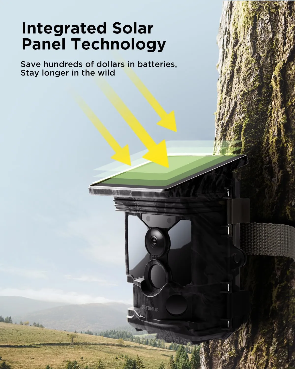 CEYOMUR 4K 30fps Solar Trail Camera, 46MP WiFi Trail Cam with Night Vision 0.1s Trigger Motion Activated with 32GB Memory Card, Game Camera with 120° Detection IP66 Waterproof for Wildlife Scouting