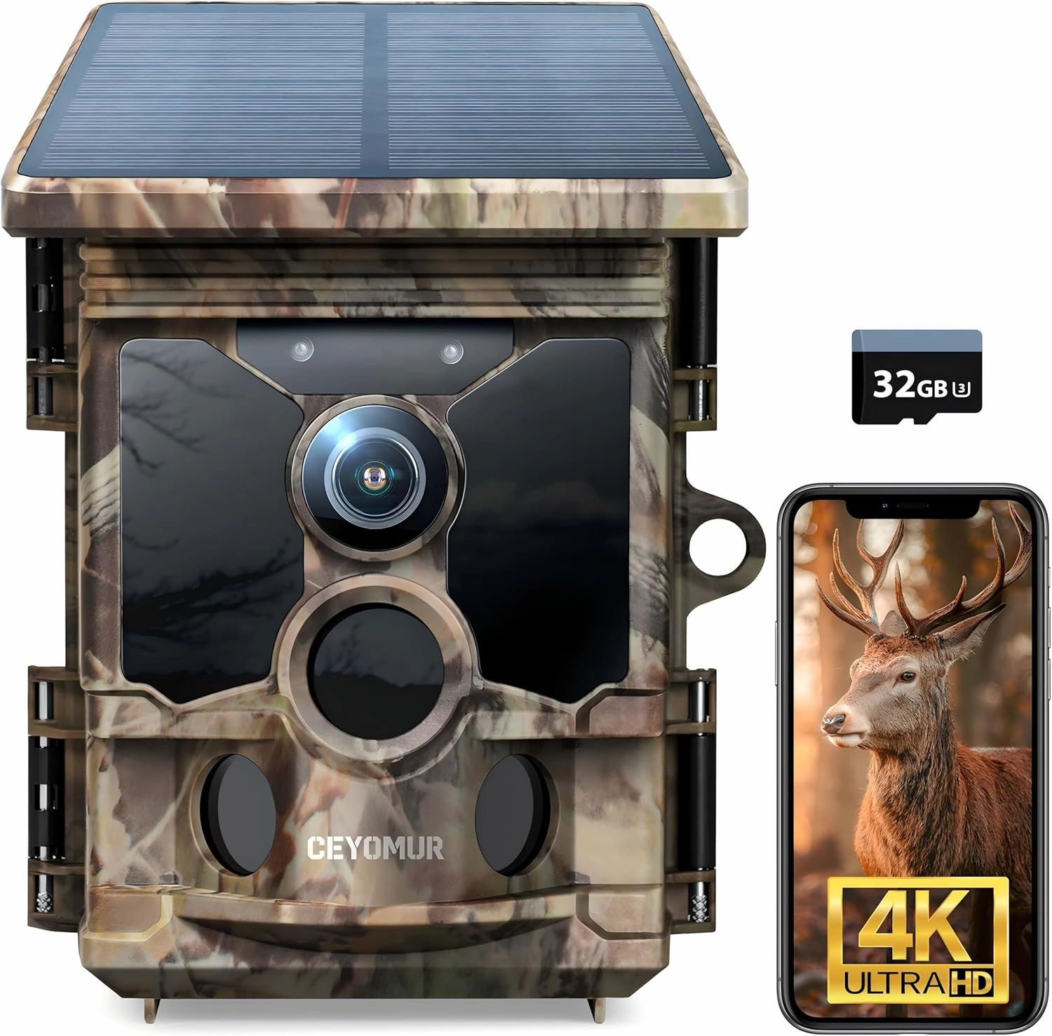CEYOMUR 4K 30fps Solar Trail Camera, 46MP WiFi Trail Cam with Night Vision 0.1s Trigger Motion Activated with 32GB Memory Card, Game Camera with 120° Detection IP66 Waterproof for Wildlife Scouting