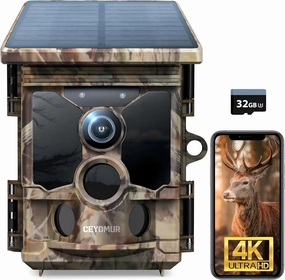 CEYOMUR 4K 30fps Solar Trail Camera, 46MP WiFi Trail Cam with Night Vision 0.1s Trigger Motion Activated with 32GB Memory Card, Game Camera with 120° Detection IP66 Waterproof for Wildlife Scouting