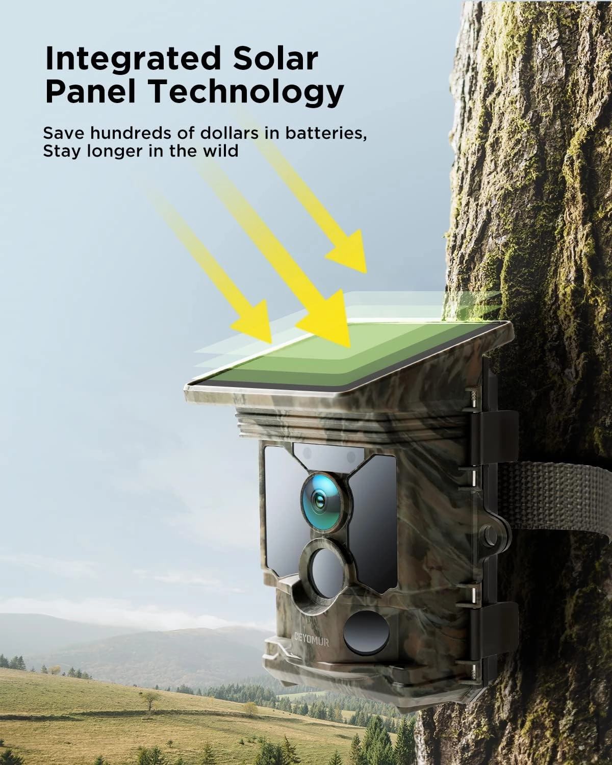 CEYOMUR 4K 30fps Solar Trail Camera, 46MP WiFi Trail Cam with Night Vision 0.1s Trigger Motion Activated with 32GB Memory Card, Game Camera with 120° Detection IP66 Waterproof for Wildlife Scouting