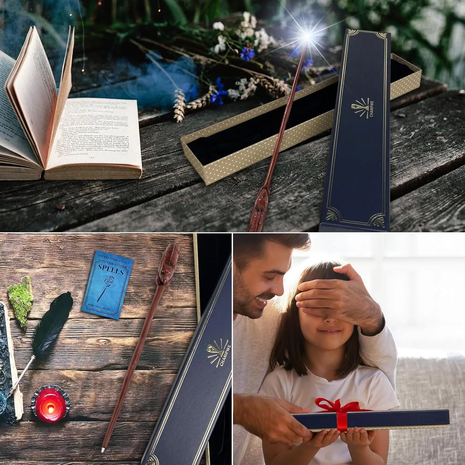 ChampWe Light Up Magic Wizard Wand Rechargeable Illuminating Toy for Kids Witch Collection Cosplay Accessories with Spellbook and Gift Box (Dragon)