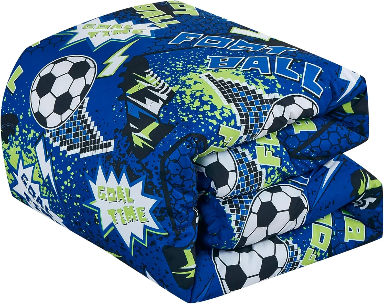 Chezmoi Collection 4-Piece Kids Football Soccer Bedding Comforter Set Full/Queen Size - Soft Microfiber Blue Green Black White Printed Football Soccer Sports for Kids/Teens