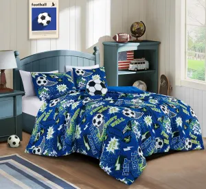 Chezmoi Collection 4-Piece Kids Football Soccer Bedding Comforter Set Full/Queen Size - Soft Microfiber Blue Green Black White Printed Football Soccer Sports for Kids/Teens