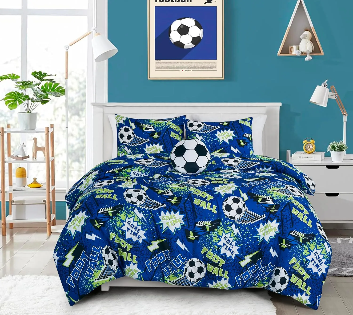 Chezmoi Collection 4-Piece Kids Football Soccer Bedding Comforter Set Full/Queen Size - Soft Microfiber Blue Green Black White Printed Football Soccer Sports for Kids/Teens