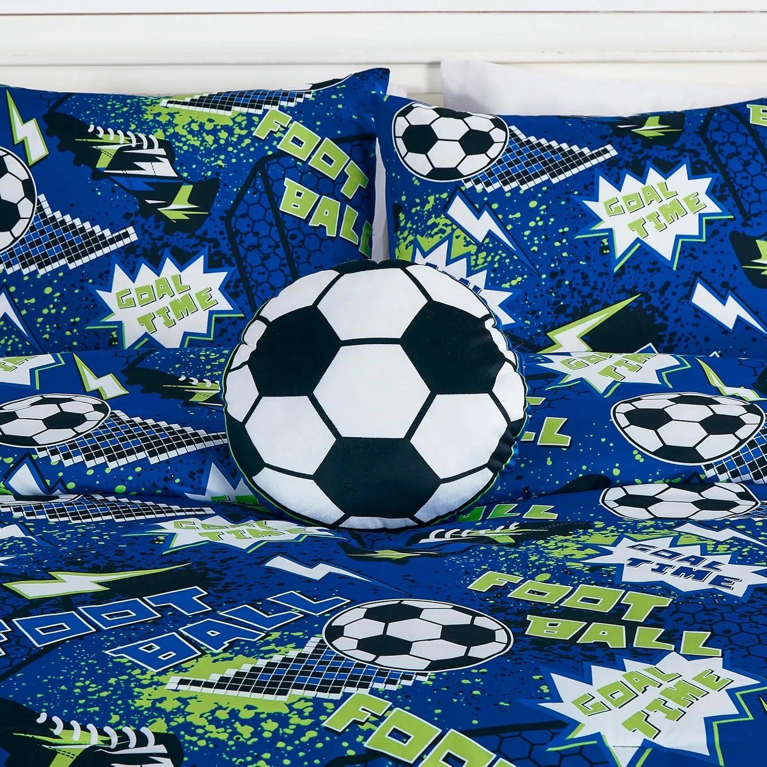 Chezmoi Collection 4-Piece Kids Football Soccer Bedding Comforter Set Full/Queen Size - Soft Microfiber Blue Green Black White Printed Football Soccer Sports for Kids/Teens