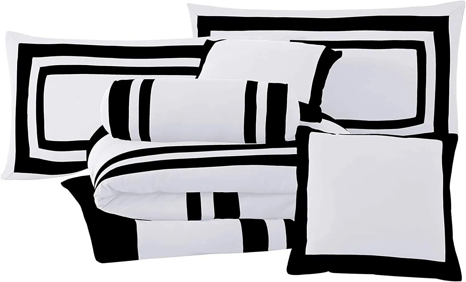 Chezmoi Collection 7-Piece Caprice White/Black Square Pattern Hotel Bedding Comforter Set, Full