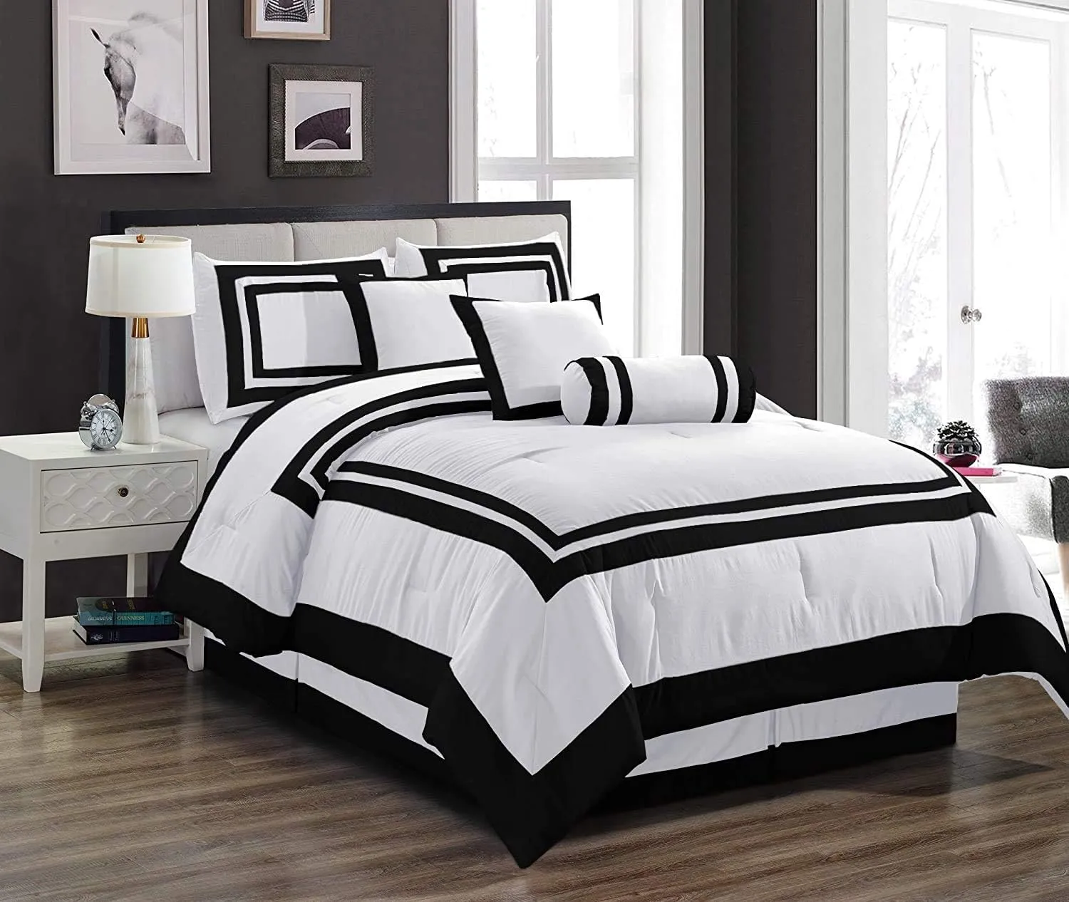 Chezmoi Collection 7-Piece Caprice White/Black Square Pattern Hotel Bedding Comforter Set, Full