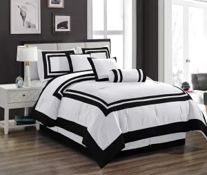 Chezmoi Collection 7-Piece Caprice White/Black Square Pattern Hotel Bedding Comforter Set, Full