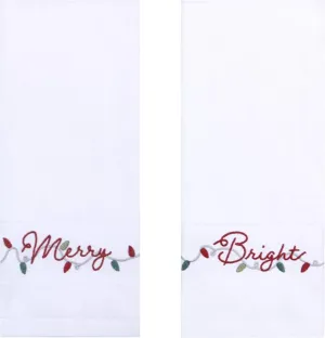 Christmas White Bath Hand Towels, Set of 2, Merry & Bright Embroidery Home Decor