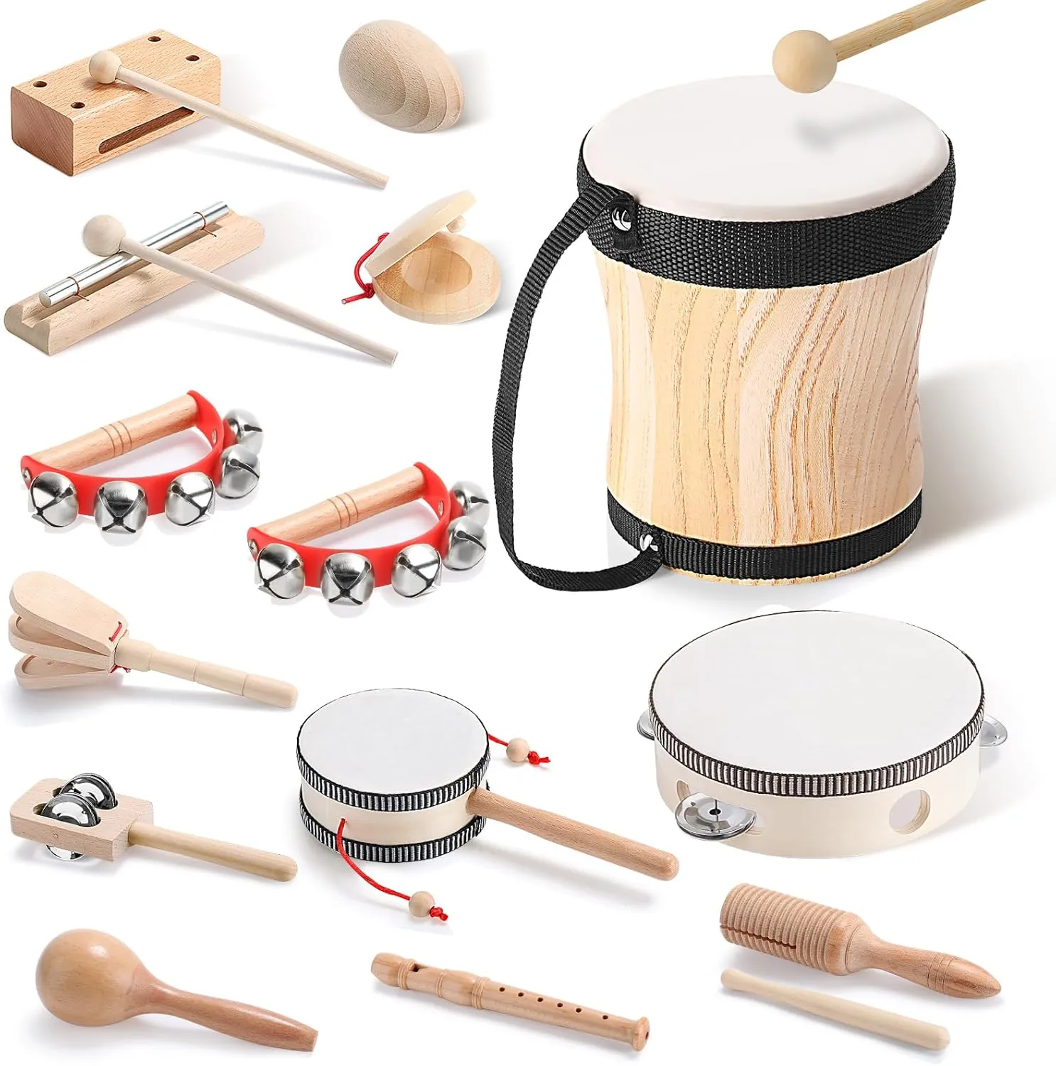 Chumia Toddler Musical Instruments Set 13 Pcs Wooden Percussion Instruments wuth Drum Preschool Educational Baby Early Learning Music Toys Set for Little Boys and Girls Kids Children Gifts