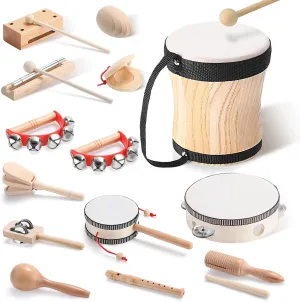Chumia Toddler Musical Instruments Set 13 Pcs Wooden Percussion Instruments wuth Drum Preschool Educational Baby Early Learning Music Toys Set for Little Boys and Girls Kids Children Gifts