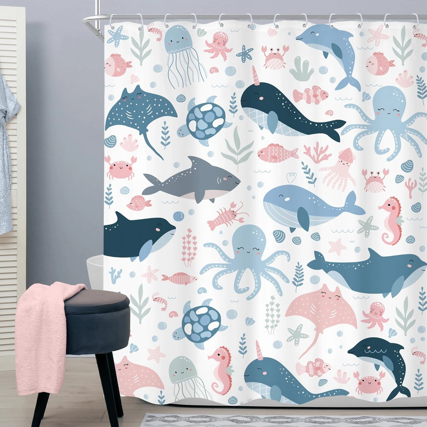 Cinbloo Funny Ocean Kids Shower Curtain 60Wx72H Cute Cartoon Sea Whale Fish Octopu Turtle Sealife Bathroom Curtain Set for Baby Boy Girl Nursery Blue Pink Underwater Bathroom Decor Fabric with 12 Hook