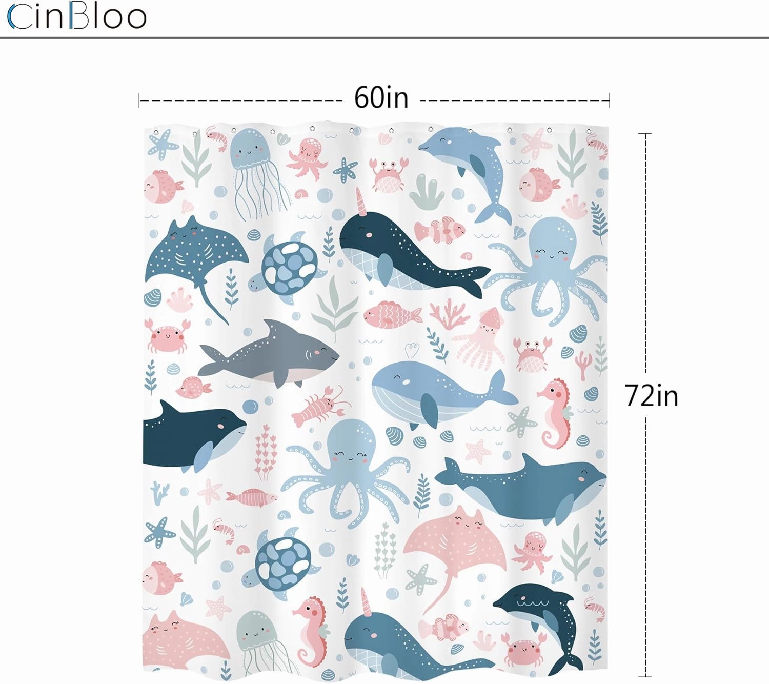 Cinbloo Funny Ocean Kids Shower Curtain 60Wx72H Cute Cartoon Sea Whale Fish Octopu Turtle Sealife Bathroom Curtain Set for Baby Boy Girl Nursery Blue Pink Underwater Bathroom Decor Fabric with 12 Hook