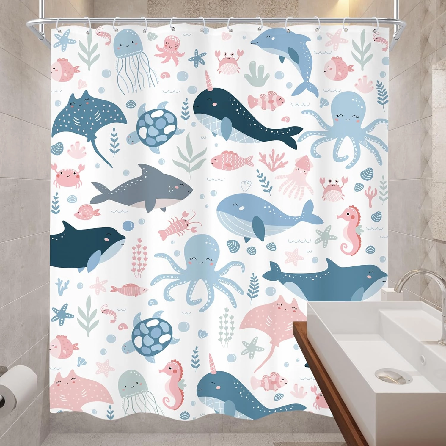 Cinbloo Funny Ocean Kids Shower Curtain 60Wx72H Cute Cartoon Sea Whale Fish Octopu Turtle Sealife Bathroom Curtain Set for Baby Boy Girl Nursery Blue Pink Underwater Bathroom Decor Fabric with 12 Hook