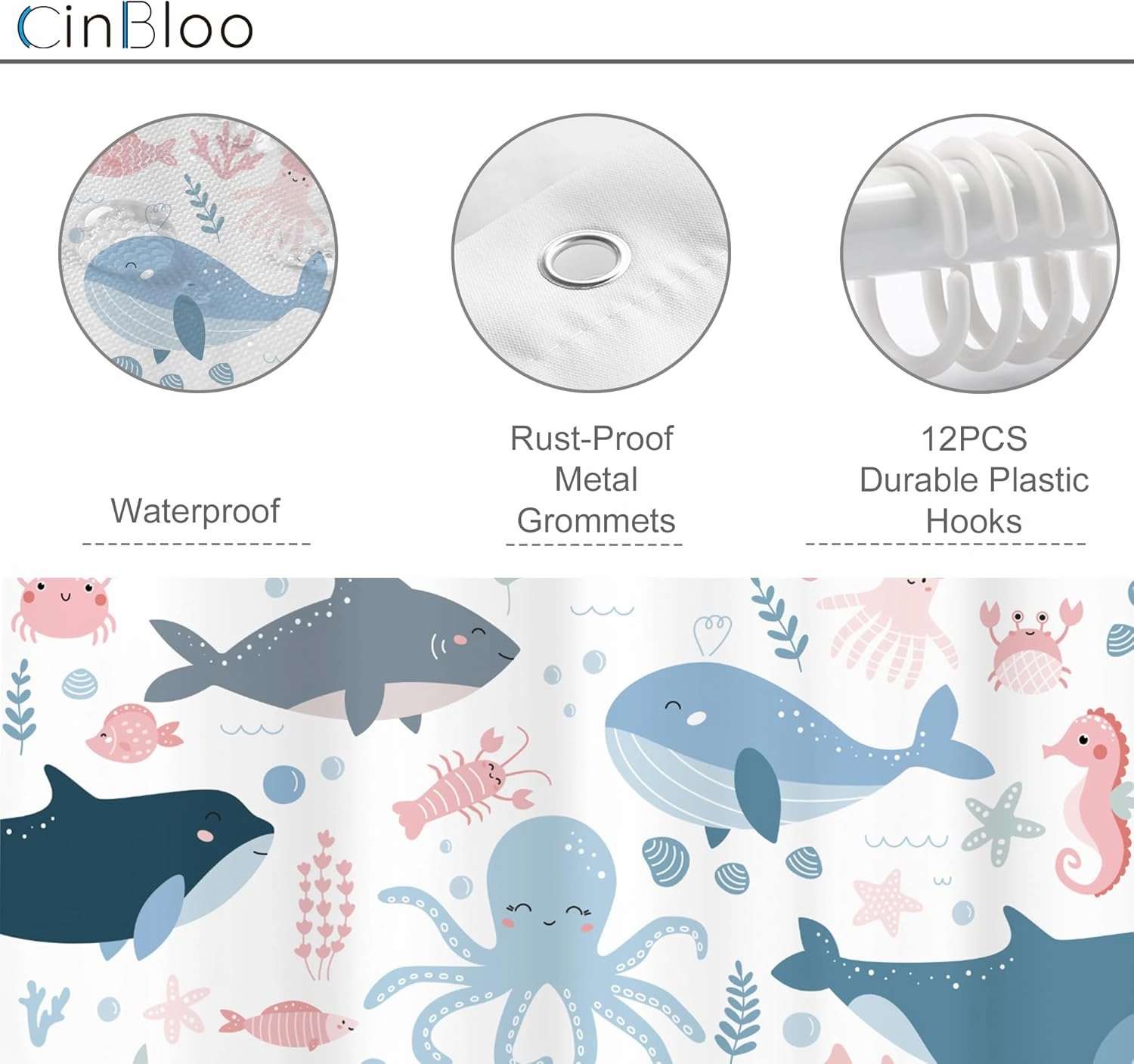 Cinbloo Funny Ocean Kids Shower Curtain 60Wx72H Cute Cartoon Sea Whale Fish Octopu Turtle Sealife Bathroom Curtain Set for Baby Boy Girl Nursery Blue Pink Underwater Bathroom Decor Fabric with 12 Hook
