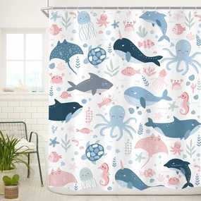 Cinbloo Funny Ocean Kids Shower Curtain 60Wx72H Cute Cartoon Sea Whale Fish Octopu Turtle Sealife Bathroom Curtain Set for Baby Boy Girl Nursery Blue Pink Underwater Bathroom Decor Fabric with 12 Hook