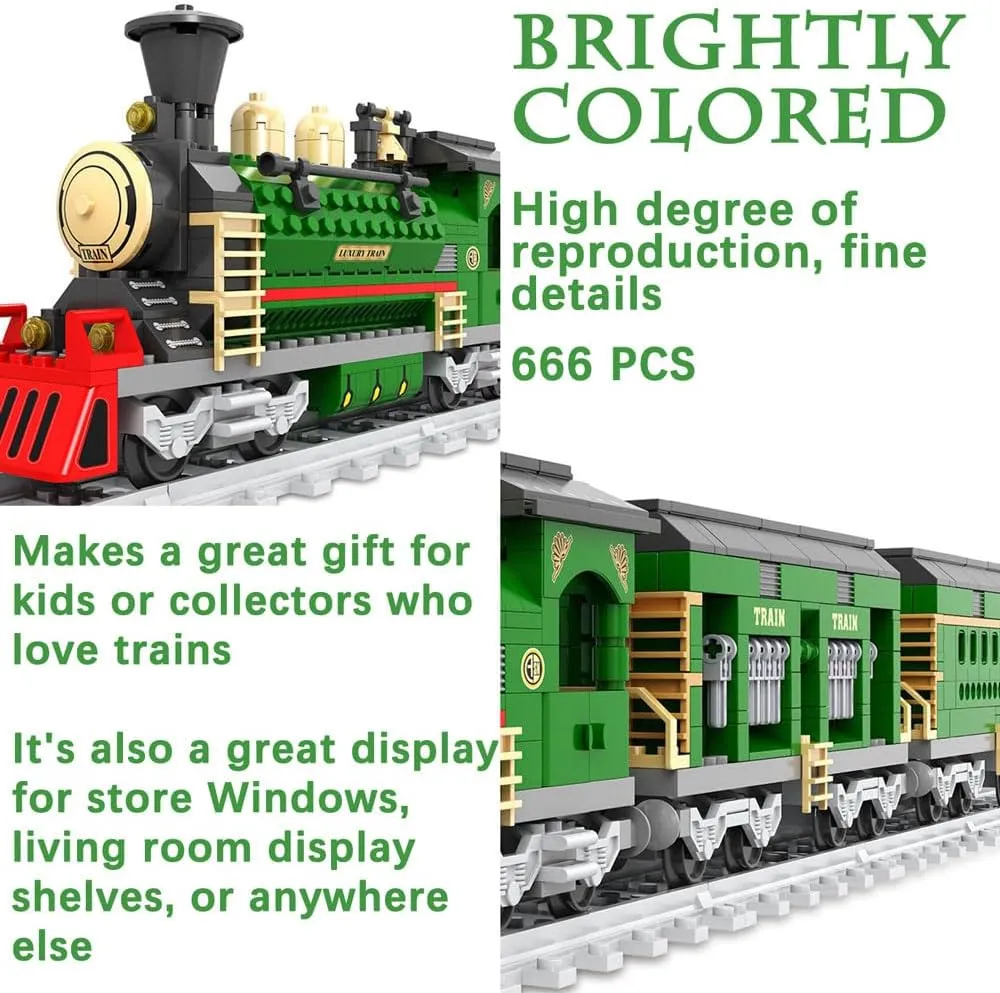 Classic Train Toy Building Block Set for Boys Girls Aged 6-12,City Vintage Train C3 car Model Building Bricks Set with Train Tracks,Vintage Trains Model STEM Toys,666PCS