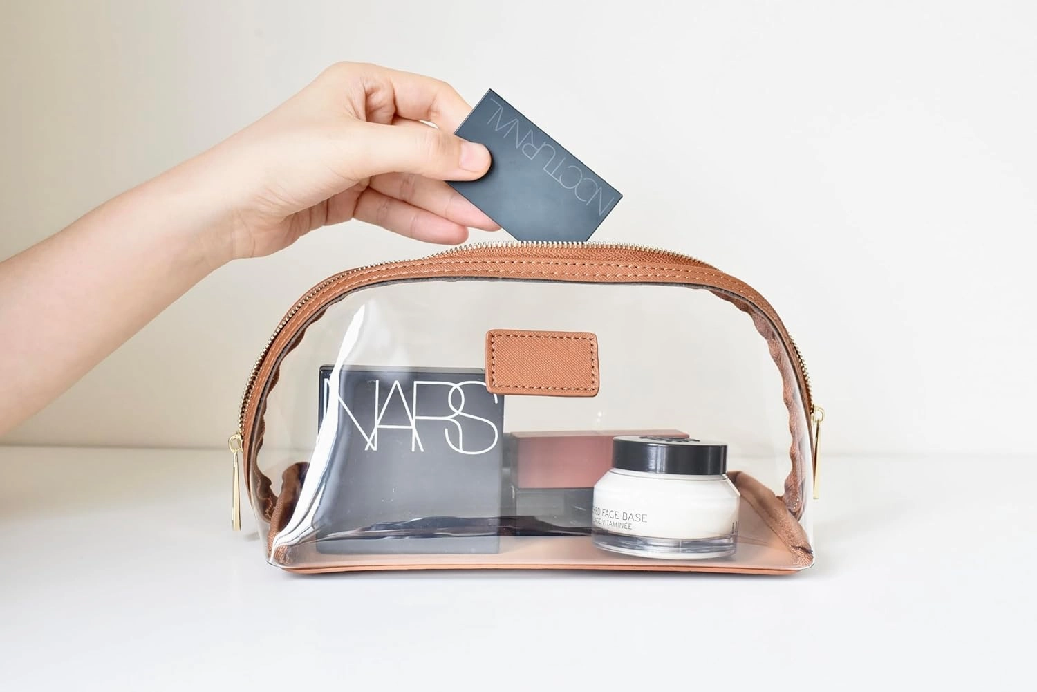 Clear Makeup Bag, Leather Makeup Case, Travel Toiletry Bag, Portable Cosmetic Bag, Transparent Waterproof Cosmetic Organizer Storage Bag (Brown, Large)