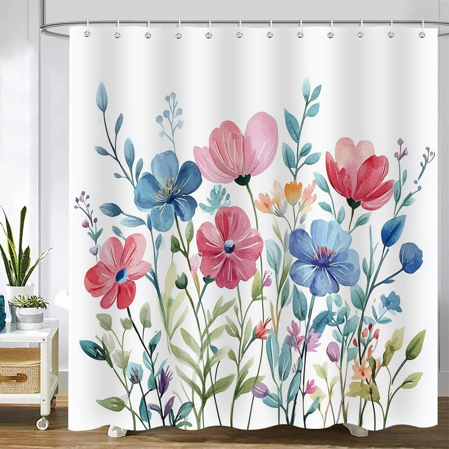 Colorful Floral Shower Curtain，Mid Century Modern Farmhouse Watercolor Plant Flower Bathroom Curtains，Polyester Fabric Waterproof Shower Curtain Set with 12 Hooks 72x72 Inch