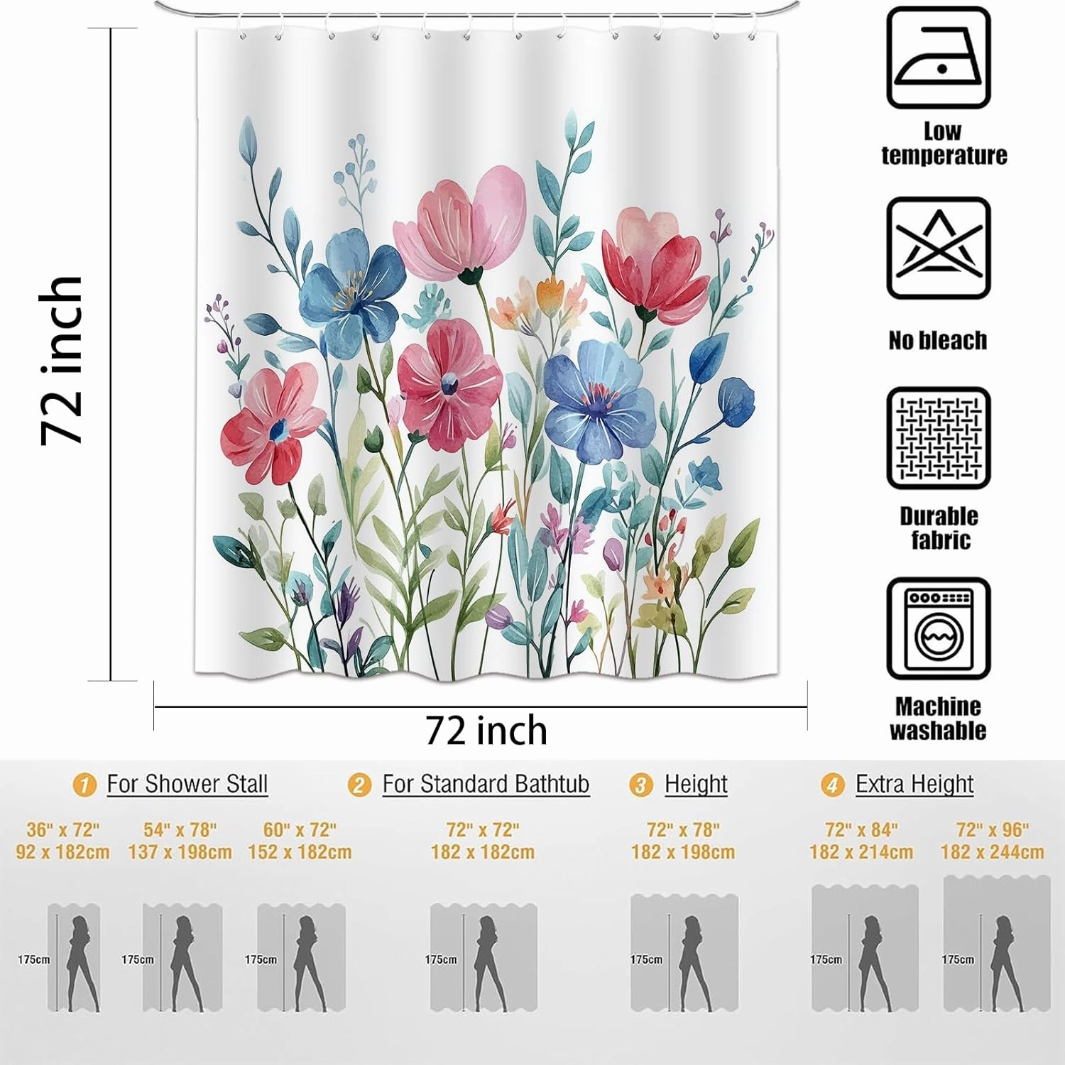 Colorful Floral Shower Curtain，Mid Century Modern Farmhouse Watercolor Plant Flower Bathroom Curtains，Polyester Fabric Waterproof Shower Curtain Set with 12 Hooks 72x72 Inch