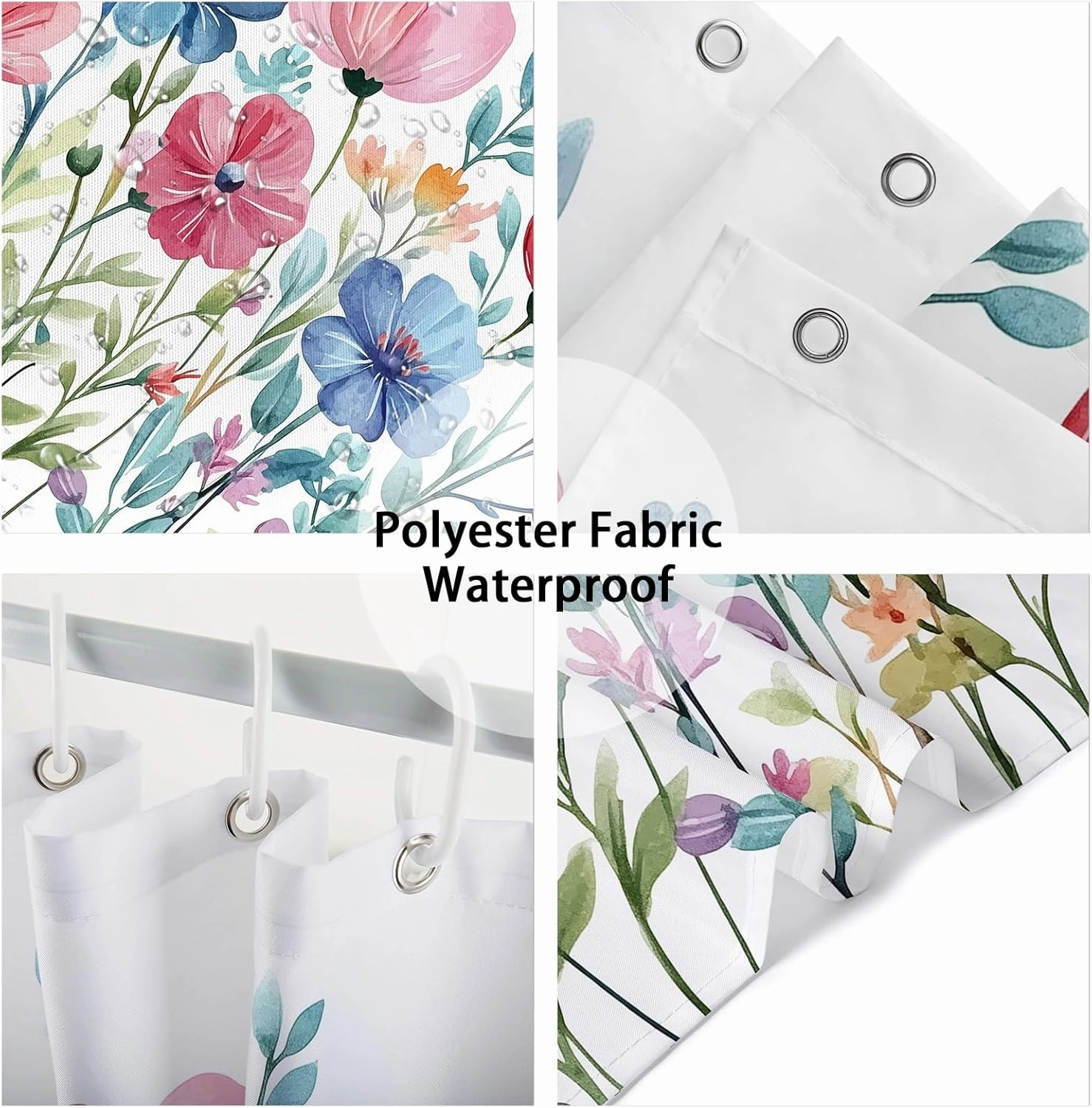 Colorful Floral Shower Curtain，Mid Century Modern Farmhouse Watercolor Plant Flower Bathroom Curtains，Polyester Fabric Waterproof Shower Curtain Set with 12 Hooks 72x72 Inch
