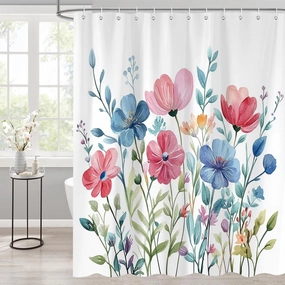 Colorful Floral Shower Curtain，Mid Century Modern Farmhouse Watercolor Plant Flower Bathroom Curtains，Polyester Fabric Waterproof Shower Curtain Set with 12 Hooks 72x72 Inch
