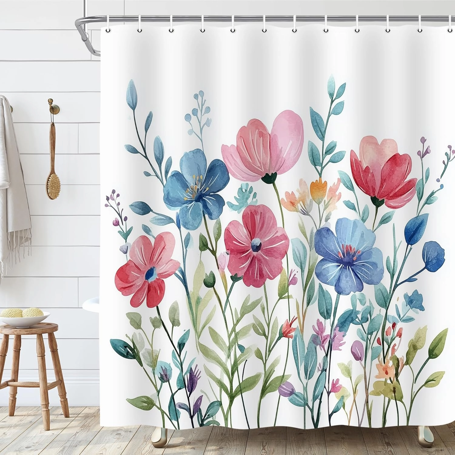 Colorful Floral Shower Curtain，Mid Century Modern Farmhouse Watercolor Plant Flower Bathroom Curtains，Polyester Fabric Waterproof Shower Curtain Set with 12 Hooks 72x72 Inch