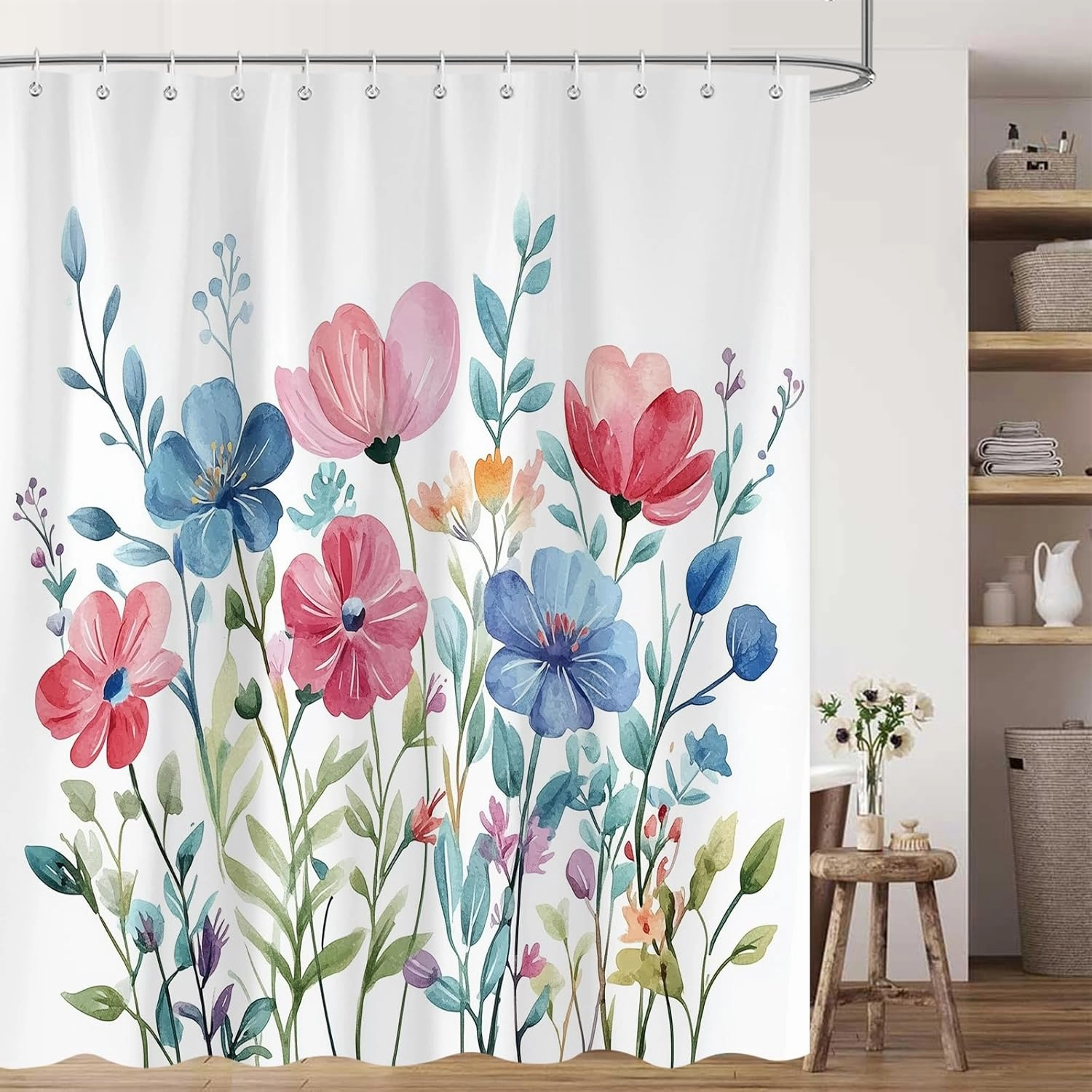 Colorful Floral Shower Curtain，Mid Century Modern Farmhouse Watercolor Plant Flower Bathroom Curtains，Polyester Fabric Waterproof Shower Curtain Set with 12 Hooks 72x72 Inch