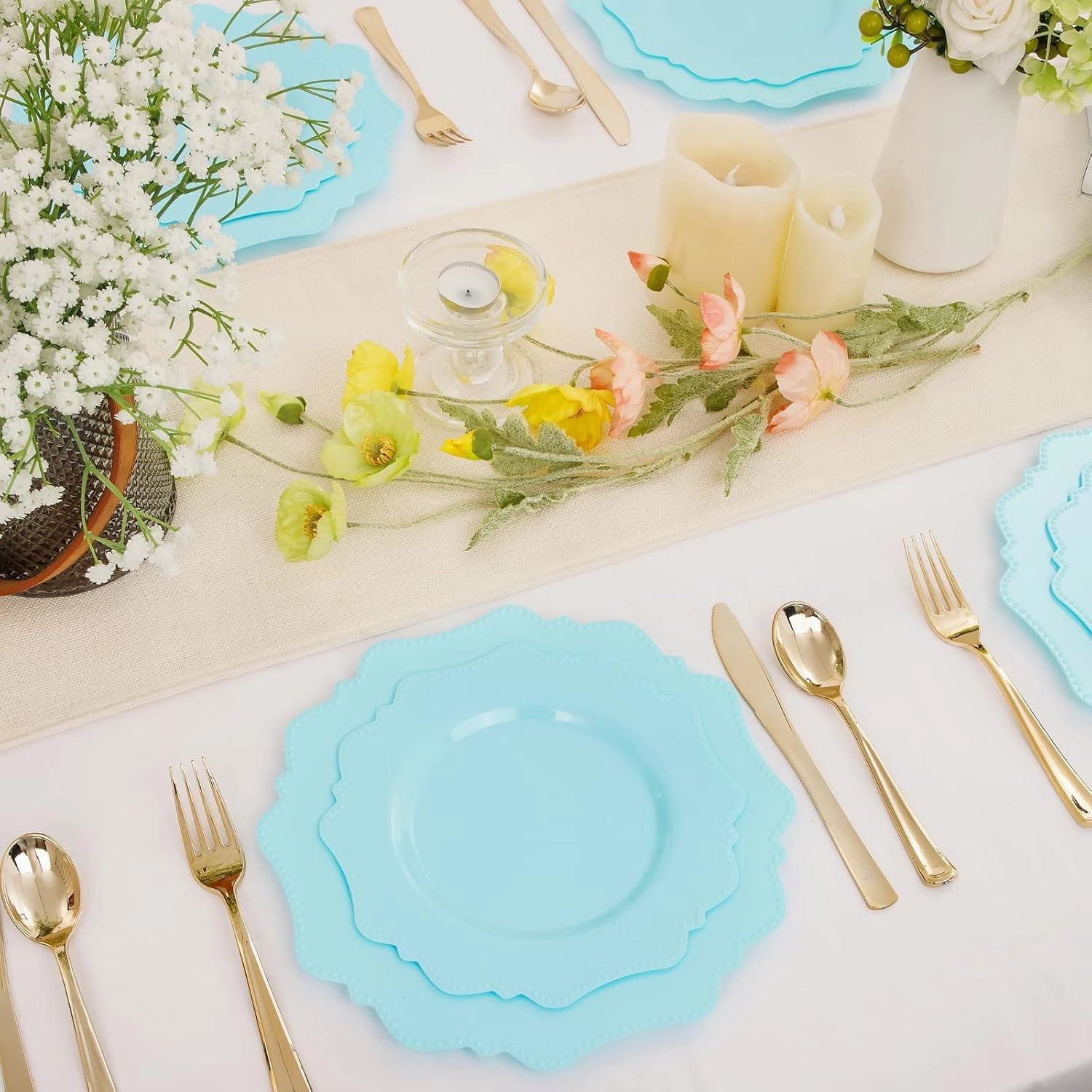 COLOSUS Disposable Plastic Plates 60Pcs, Light Baby blue Party Plates, Heavy Duty 30 Dinner plate 10.5” and 30 Salad/Dessert Plate 8.25” for Easter day Party Dinner