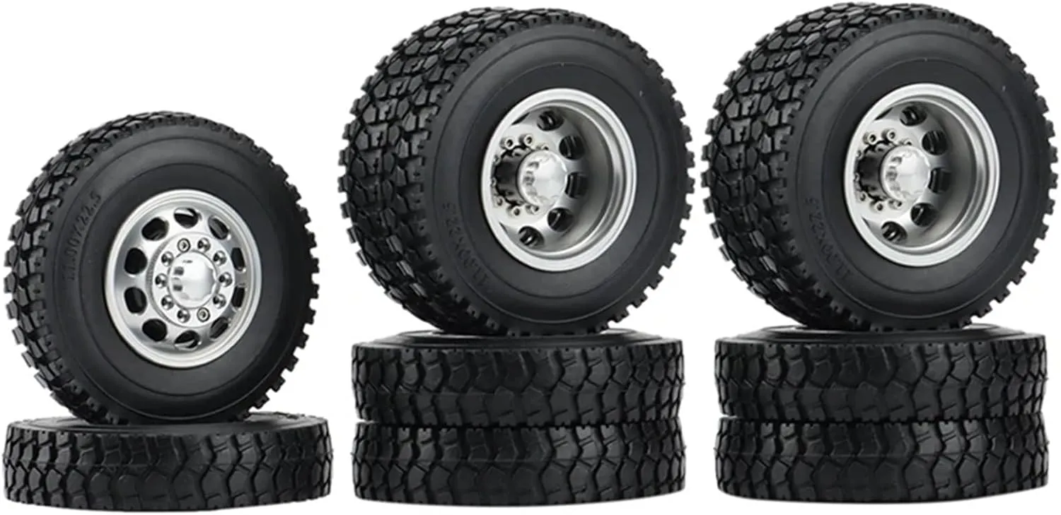 Compatible with Tamiya 1/14 RC Trailer Tractor Truck Car Spare Parts 6 PCS Metal Front and Rear Wheel Hub Rubber Tire Wheel Tyre RC Wheel Tires