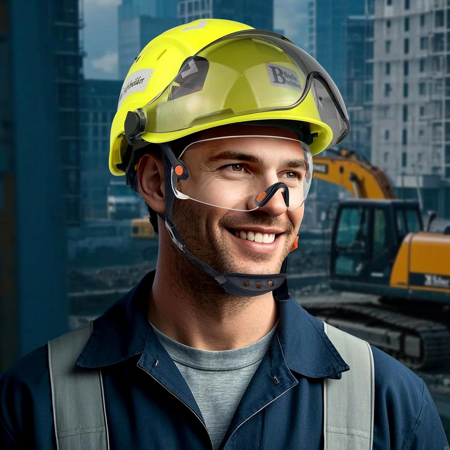 Construction Safety Helmet with Build-in Visor ABS Hard Hat with Visor Adjustable Ventilation Hardhats Work Head Protection ANSI/ISEA Z89.1
