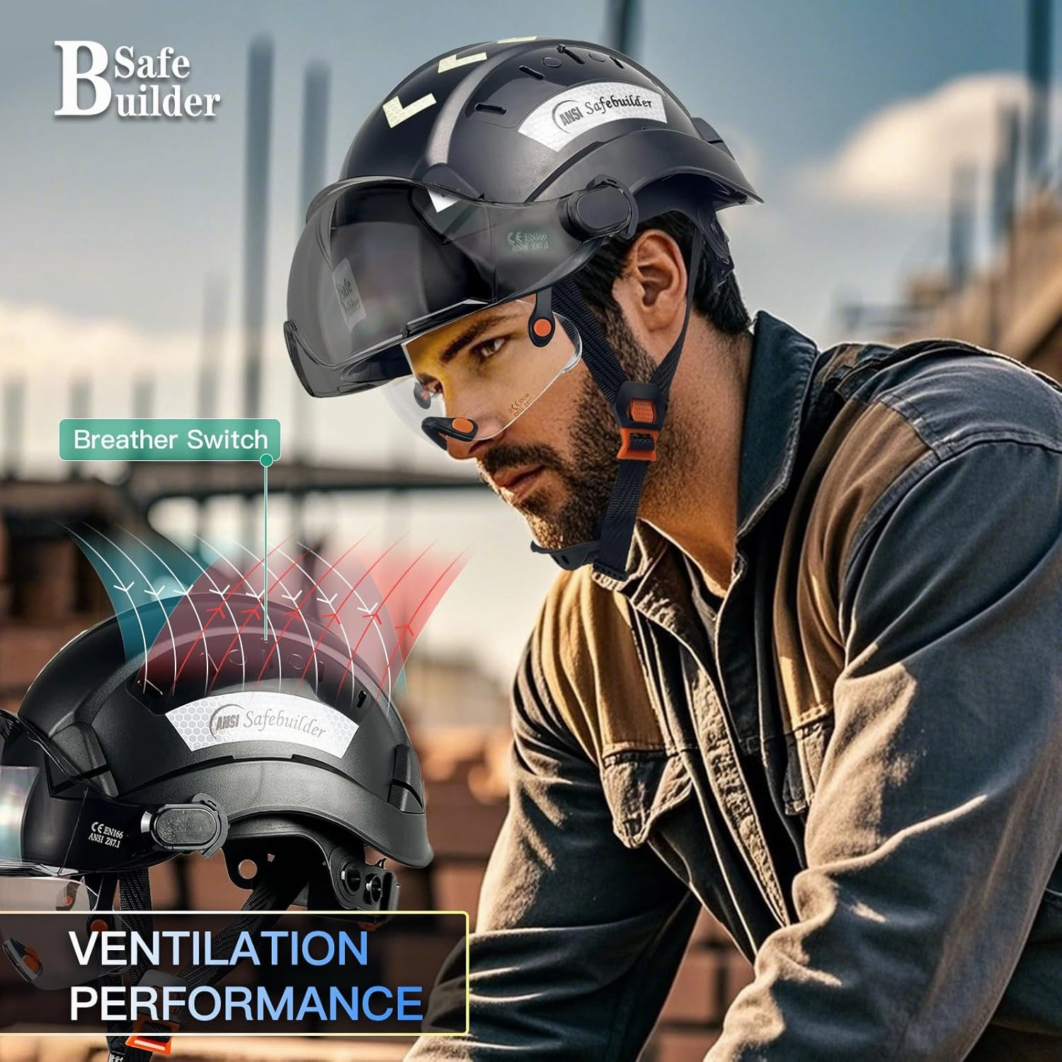 Construction Safety Helmet with Build-in Visor ABS Hard Hat with Visor Adjustable Ventilation Hardhats Work Head Protection ANSI/ISEA Z89.1