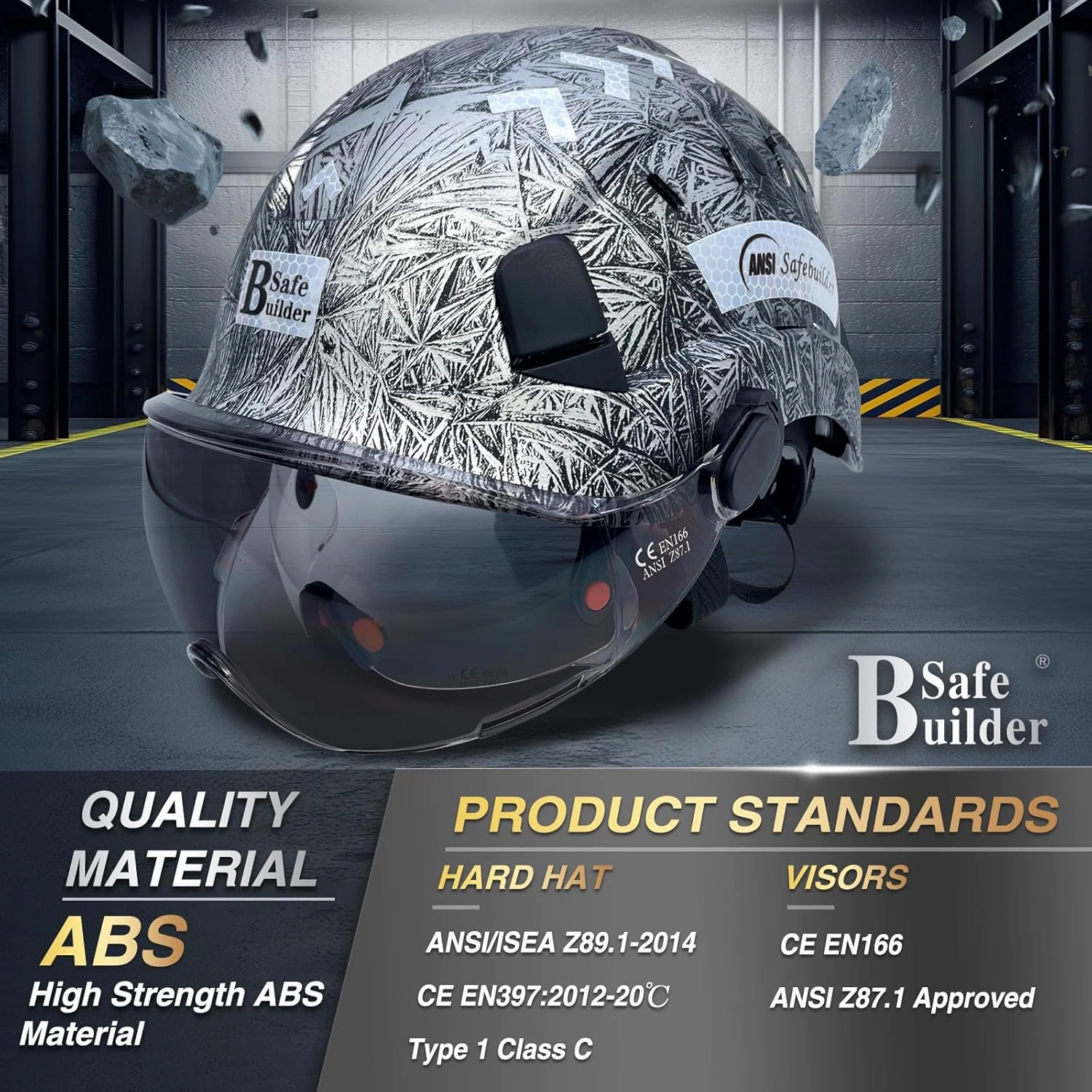 Construction Safety Helmet with Build-in Visor ABS Hard Hat with Visor Adjustable Ventilation Hardhats Work Head Protection ANSI/ISEA Z89.1