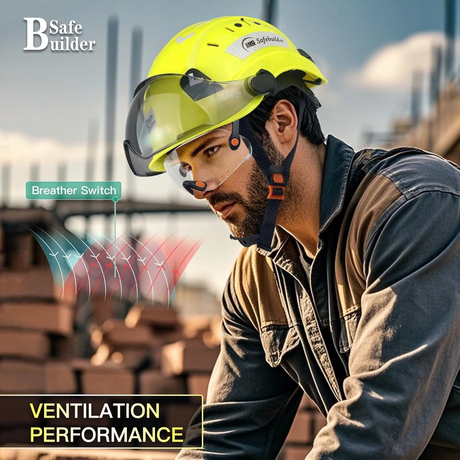 Construction Safety Helmet with Build-in Visor ABS Hard Hat with Visor Adjustable Ventilation Hardhats Work Head Protection ANSI/ISEA Z89.1