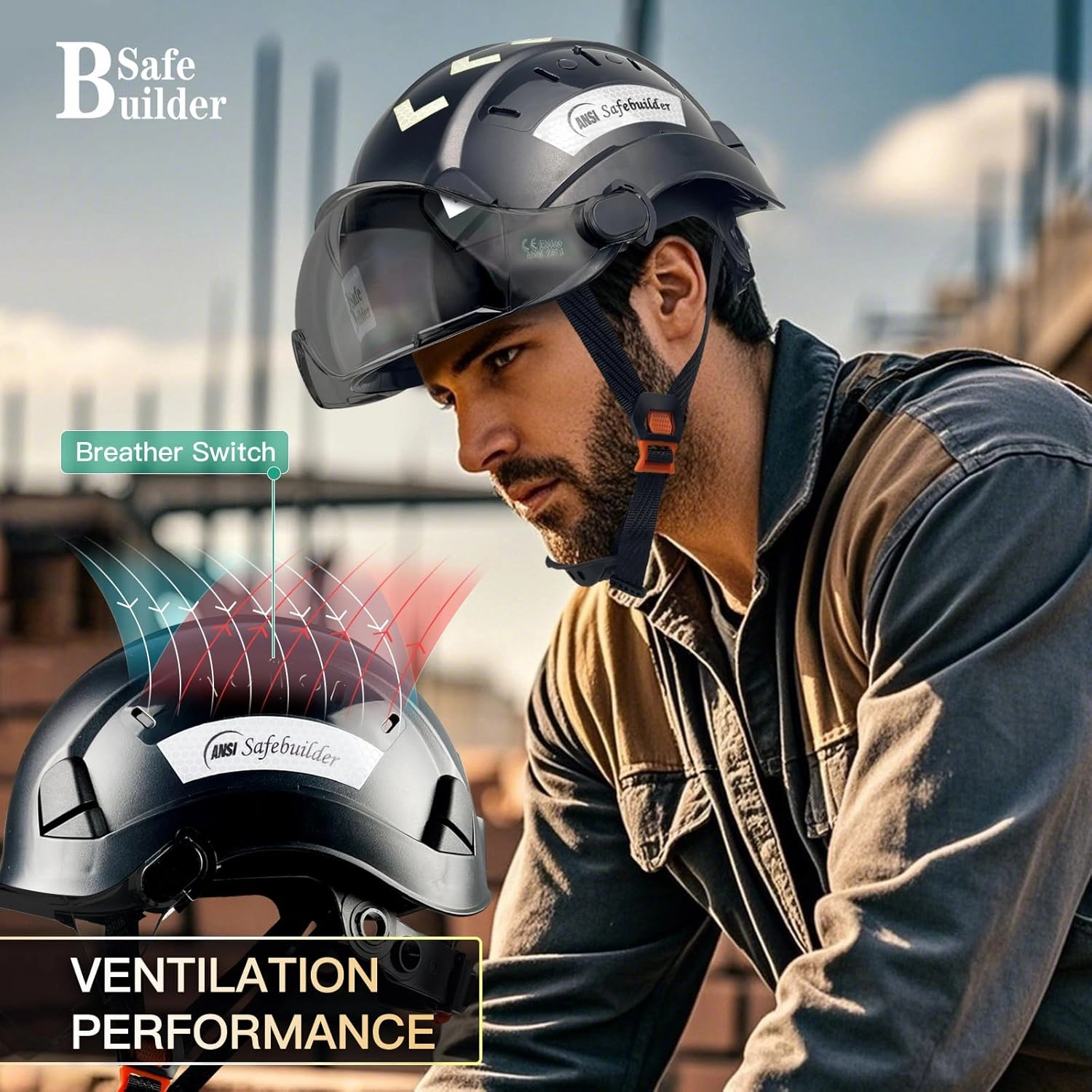 Construction Safety Helmet with Visor ABS Hard Hat Adjustable Ventilation Hardhats Industrial Work Head Protection for Men Certified ANSI/ISEA Z89.1