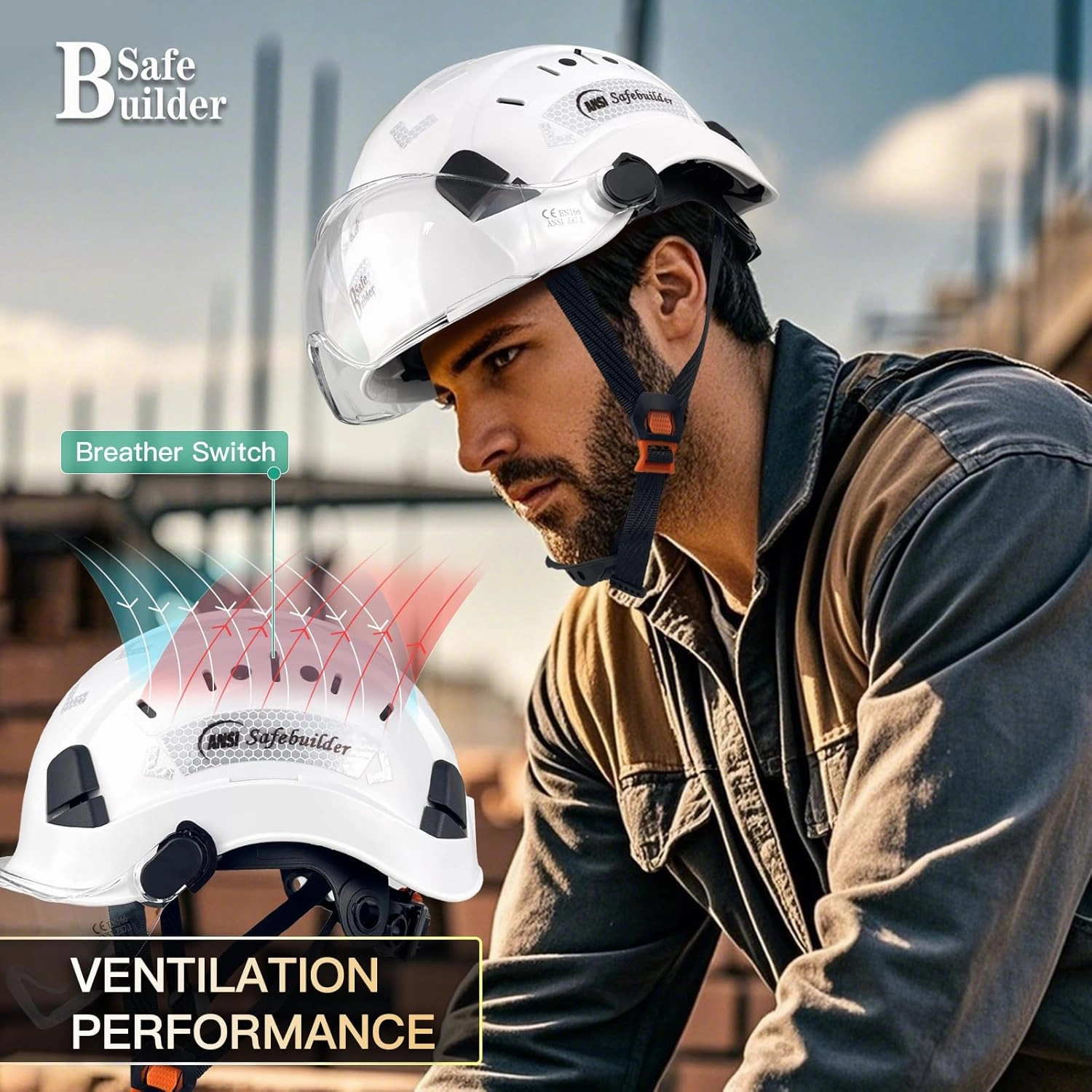 Construction Safety Helmet with Visor ABS Hard Hat Adjustable Ventilation Hardhats Industrial Work Head Protection for Men Certified ANSI/ISEA Z89.1