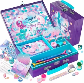 CORALMEE Mermaid Stationery Set for Girls - 54-Piece Art and Letter Writing Kit with Storage Case - Ideal Birthday Gift for Kids Ages 4-12 - Perfect for Preteen Crafts and Toys