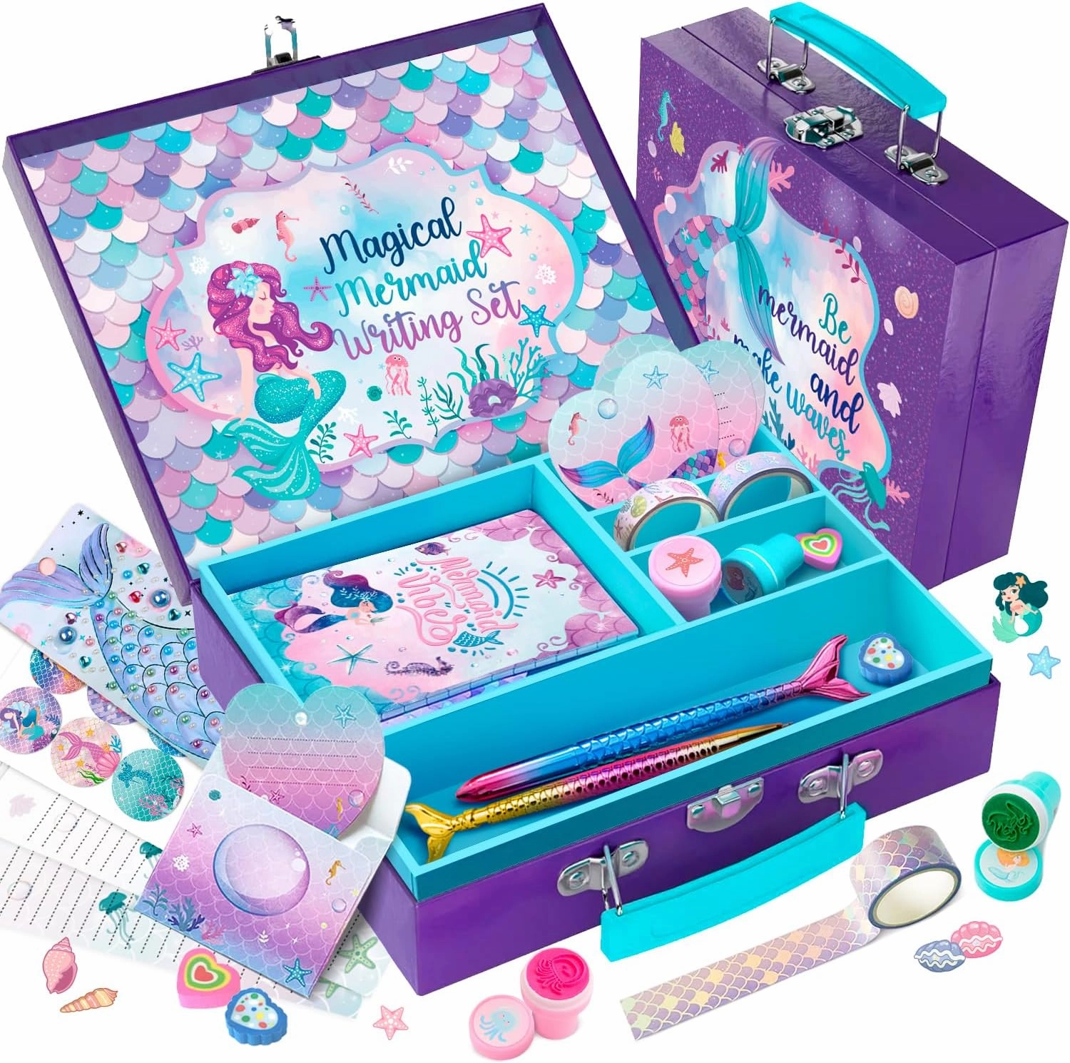 CORALMEE Mermaid Stationery Set for Girls - 54-Piece Art and Letter Writing Kit with Storage Case - Ideal Birthday Gift for Kids Ages 4-12 - Perfect for Preteen Crafts and Toys
