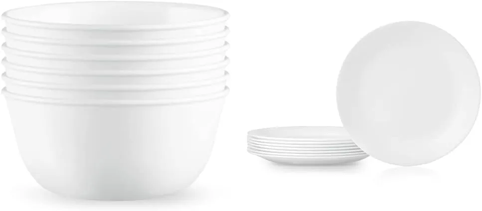 Corelle Vitrelle 28-oz Soup/Cereal Bowls Set of 6, Chip & Crack Resistant Dinnerware Bowls, Winter Frost White & Vitrelle 8-Piece Dinner Plates Set, Winter Frost White