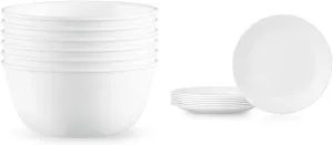 Corelle Vitrelle 28-oz Soup/Cereal Bowls Set of 6, Chip & Crack Resistant Dinnerware Bowls, Winter Frost White & Vitrelle 8-Piece Dinner Plates Set, Winter Frost White