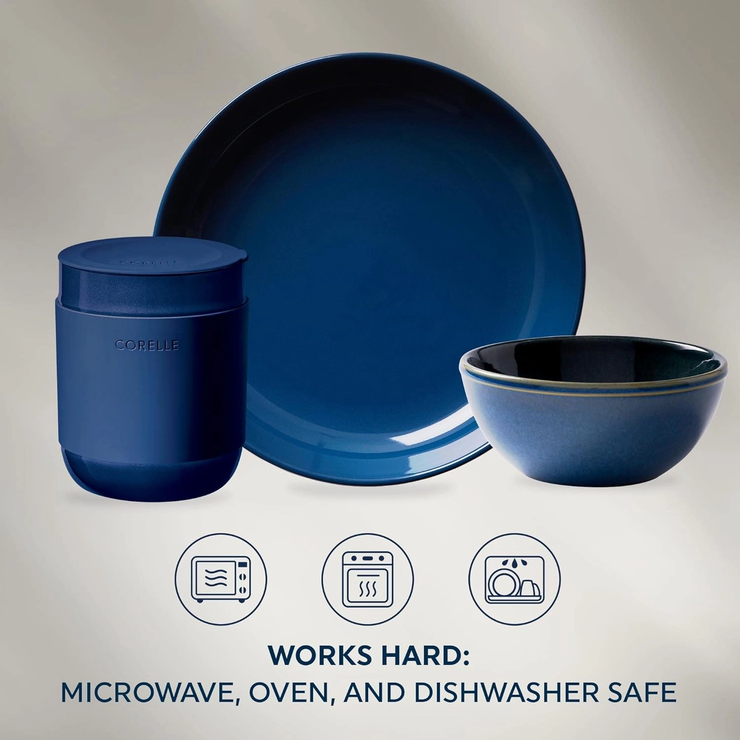Corelle Stoneware Dinnerware Set, Handmade Reactive & Solid Glazed Ceramic Plates and Bowls, Modern Rustic Style Round Dishes, Service for 4, Navy 16 PIECE SET