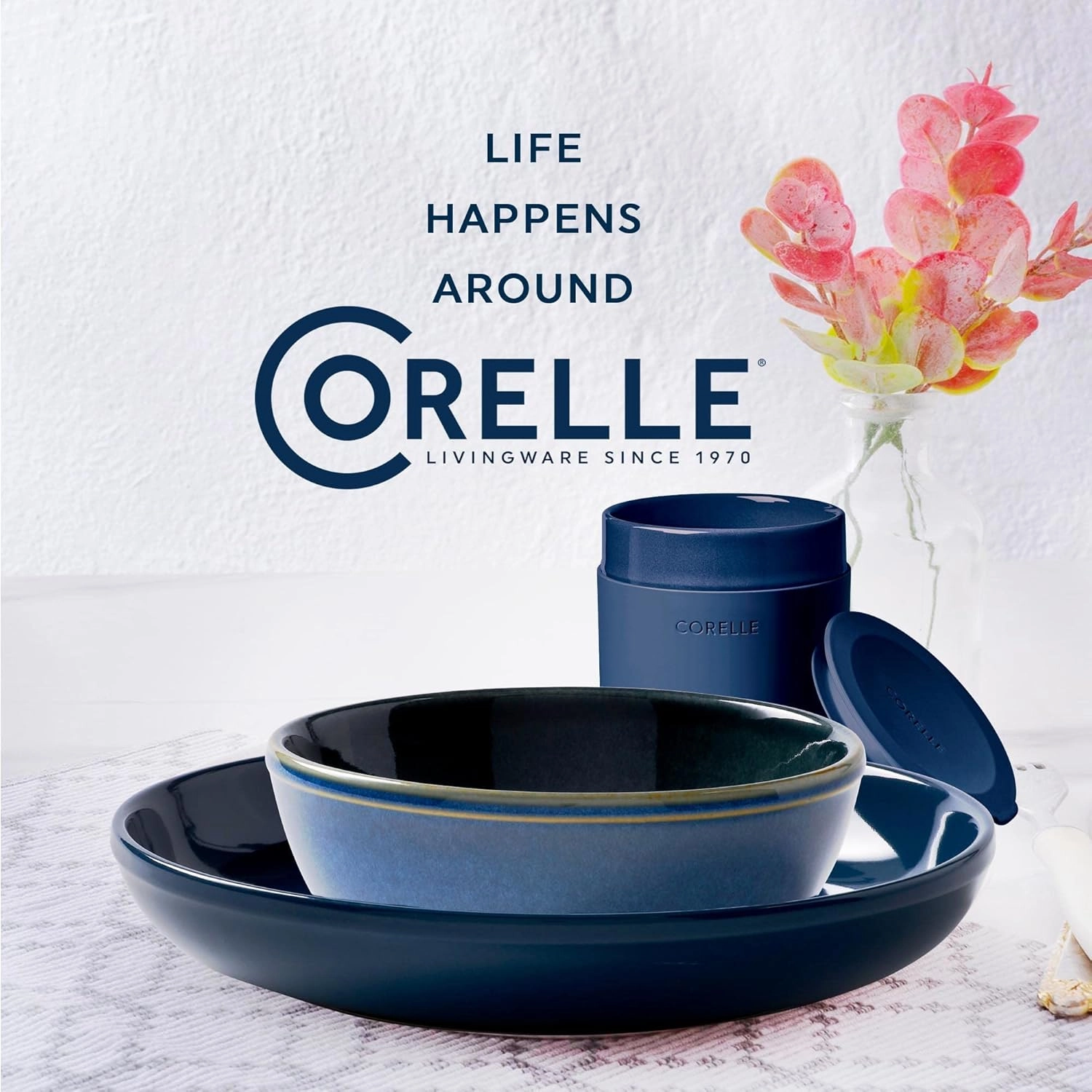 Corelle Stoneware Dinnerware Set, Handmade Reactive & Solid Glazed Ceramic Plates and Bowls, Modern Rustic Style Round Dishes, Service for 4, Navy 16 PIECE SET