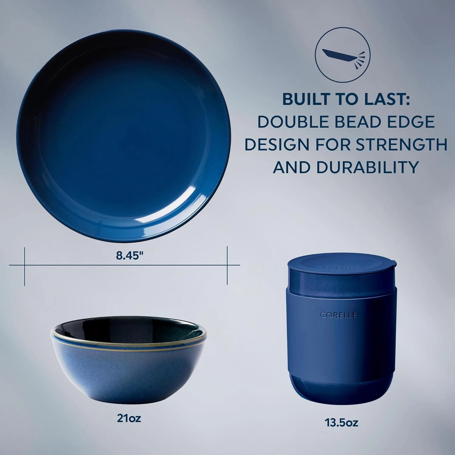 Corelle Stoneware Dinnerware Set, Handmade Reactive & Solid Glazed Ceramic Plates and Bowls, Modern Rustic Style Round Dishes, Service for 4, Navy 16 PIECE SET