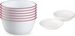 Corelle,Glass 28oz Red Band Bowl 6pk & Vitrelle 6-Piece Bowl Set, Triple Layer Glass and Chip Resistant, 20-Oz Lightweight Round Bowls, Winter Frost White