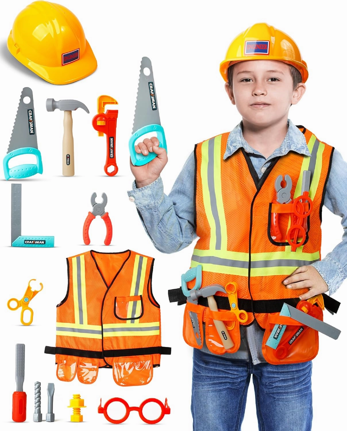 Cosmic Chameleon Construction Toys - 13Pc Pretend Play Set with Kids Construction Hat, Vest & More - Boys & Girls Tool Set - Halloween Costume, Birthday Gift