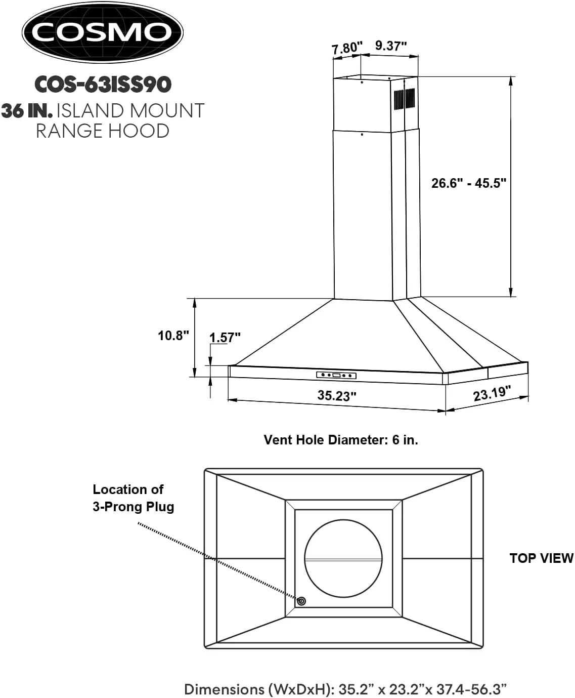 COSMO COS-63ISS90 Island Range Hood with 3-Speed Fan, 380 CFM, Permanent Filters, LED Lights, Soft Touch Controls, Ducted Kitchen Vent Hood Extractor, 36 inch, Stainless Steel